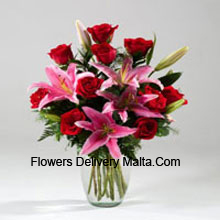 Lilies And Rose In A Vase Including Seasonal Fillers Delivered in Malta
