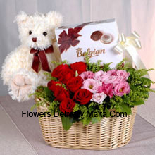 Basket Of Red And Pink Roses, A Box Of Chooclate And A Cute Teddy Bear Delivered in Malta