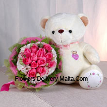 Bunch Of 11 Pink Roses And A Medium Sized Cute Teddy Bear Delivered in Malta