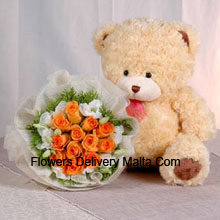 Bunch Of 11 Orange Roses And A Medium Sized Cute Teddy Bear Delivered in Malta