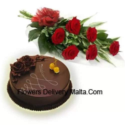 A Beautiful Hand Bunch Of 7 Red Roses Along With 1 Lb. (1/2 Kg) Chocolate Cake