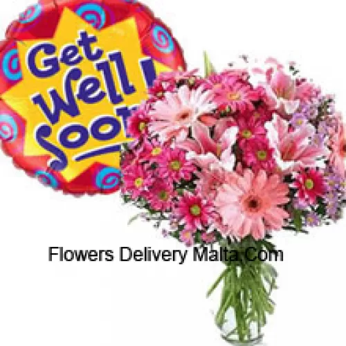 Assorted Flowers In A Vase And A Get Well Soon Balloon