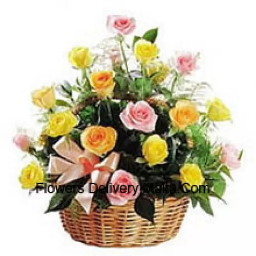 A Beautiful Basket Of 25 Mixed Colored Roses