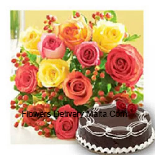 Bouquet de 11 roses de différentes couleurs avec des remplisseurs saisonniers et un gâteau au chocolat truffé de 1/2 kg (1,1 lb)