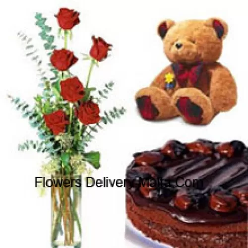 7 Roses rouges dans un vase avec un gâteau au chocolat de 1/2 kg et un ours en peluche de taille moyenne