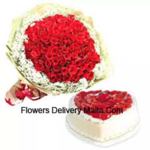 Bouquet de 101 roses rouges avec des garnitures saisonnières et un gâteau en forme de cœur à l'ananas de 1 kg