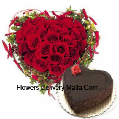 Heart Shaped Arrangement Of 41 Red Roses Along With 1 Kg Heart Shaped Chocolate Cake