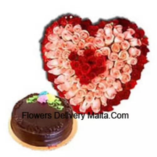 Heart Shaped Arrangement Of 151 Roses (Red And Pink) Along With Delicious 1 Kg Chocolate Truffle Cake