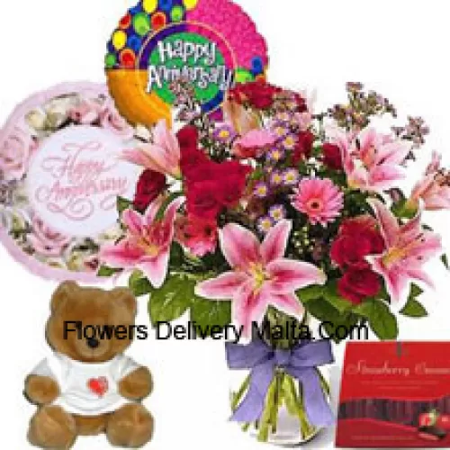 Assorted Flowers In A Vase, A Cute Teddy Bear, A Box Of Chocolate And 1/2 Kg (1 Lb) Strawberry Cake