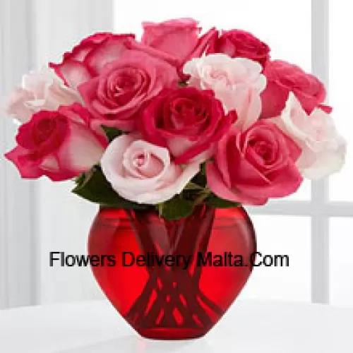 8 Dark Pink Roses With 5 Light Pink Roses In A Glass Vase