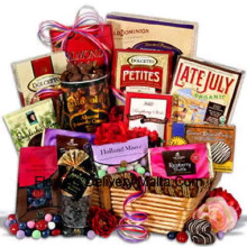 Women's Day Gift Basket Having Chocolate Wafer Petites, Chocolate Almond Pecan-dy, English Toffee Singles, Gourmet Dark Chocolate Dipped Cookies, Chocolate Covered Cherries and Blueberries, Dark Chocolate Raspberry Truffle Filled Bar, Holland Mints, Organic Dark Chocolate Sandwich Cookies, Dark Chocolate Covered Raisins, Chocolate Dipped Toffee Peanuts, Chocolate Wafer Rolls, Triple Nut Milk Chocolate Bar, Almond Roca Buttercrunch, Dark Chocolate Raspberry Sticks  (Please Note That We Reserve The Right To Substitute Any Product With A Suitable Product Of Equal Value In Case Of Non-Availability Of A Certain Product)