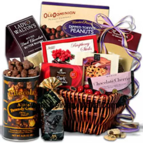 Women's Day Gift Basket Having Chocolate Almond Pecan-dy Crunch, Dark Chocolate Signature Bar, Dark Rasp Sticks, Dipped Toffee Peanuts, Dark Chocolate Butter Wafers, Dark Chocolate Raisins, Chocolate Chunk Shortbread Cookies, Milk Chocolate Almond Butter Crunch And Chocolate Covered Cherries  (Please Note That We Reserve The Right To Substitute Any Product With A Suitable Product Of Equal Value In Case Of Non-Availability Of A Certain Product)