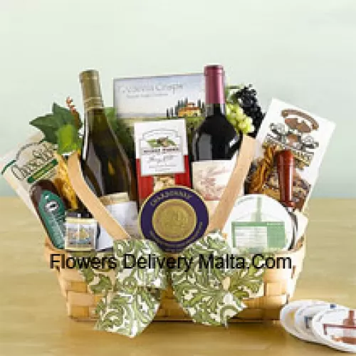 This Christmas Gift Basket includes two California Red Wine, cheese, crisp crackers, pistachios, nuts, salami, chocolate chip cookies, a Napa Valley mini mustard, and a set of coasters along with a keepsake cheese spreader.  (Contents of basket including wine may vary by season and delivery location. In case of unavailability of a certain product we will substitute the same with a product of equal or higher value)
