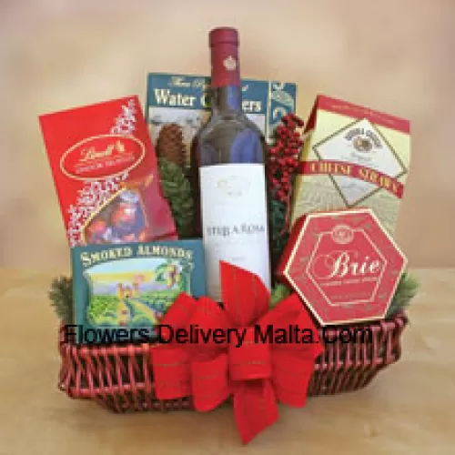 This beautiful Gift basket includes a bottle of California cabernet sauvignon, savory smoked almonds, cheese, water crackers, crisp cheese straws and Lindt chocolate truffles. (Contents of basket including wine may vary by season and delivery location. In case of unavailability of a certain product we will substitute the same with a product of equal or higher value)