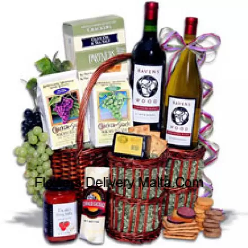 This Gift Basket Includes Chardonnay Vinters Blend by Ravenswood - 750 ml, Zinfandel Vinters Blend by Ravenswood - 750 ml, Partners Hors Doeuvre Deli Style Crackers, White Wine Biscuits by American Vintage, Red Wine Biscuits by American Vintage, Tomato Bruschetta by Elki, Butcher Wrapped Summer Sausage by Sparrer Sausage Company, Hickory and Maple Smoked Cheese by Sugarbush Farm. (Contents of basket including wine may vary by season and delivery location. In case of unavailability of a certain product we will substitute the same with a product of equal or higher value)