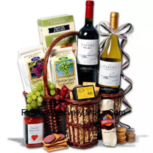 This Christmas Gift Basket Includes Catena Malbec Mendoza - 750 ml, Catena Chardonnay Mendoza - 750 ml, Hors Doeuvre Deli Style Crackers by Partners, Hickory & Maple Smoked Cheese by Sugarbush Farm, Butcher Wrapped Summer Sausage by Sparrer Sausage Co,  Tomato Bruschetta by Elki, White Wine Biscuit by American Vintage and Red Wine Biscuit by American Vintage. (Contents of basket including wine may vary by season and delivery location. In case of unavailability of a certain product we will substitute the same with a product of equal or higher value)