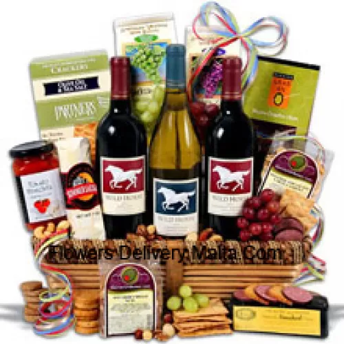 This Gift Basket Includes Wild Horse - Cabernet Sauvignon - 750ml, Wild Horse - Chardonnay - 750ml, Wild Horse - Merlot - 750ml, Hors Doeuvre Deli Style Crackers by Partners, Hickory & Maple Smoked Cheese by Sugarbush Farm, Butcher Wrapped Summer Sausage by Sparrer Sausage Co, Tomato Bruschetta by Elki, Red Wine Biscuit by American Vintage, White Wine Biscuit by American Vintage, Nicoise Olives by Barnier, Cashews and Boulder's Mixed Nuts. (Contents of basket including wine may vary by season and delivery location. In case of unavailability of a certain product we will substitute the same with a product of equal or higher value)