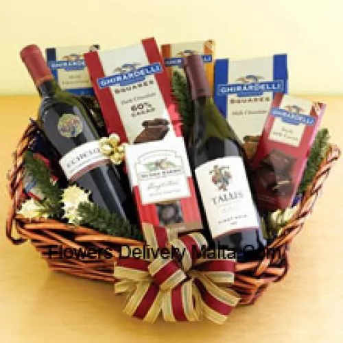 This Gift Basket Includes Two bottles of bold red wine, Chocolate-covered poppers, Assorted Ghirardelli chocolates including dark, mint and caramel bars and squares. (Contents of basket including wine may vary by season and delivery location. In case of unavailability of a certain product we will substitute the same with a product of equal or higher value)