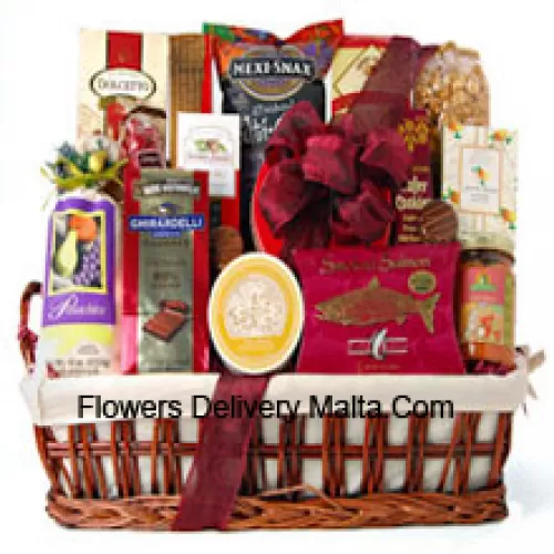 This special Mother's Day gift basket is all decked out and ready for the party. We've included plenty of ready to eat gourmet food for them to enjoy, like Ghirardelli Chocolate Raspberry Squares, Pistachios, White Corn Chips and Salsa, Chocolate Wafer Cookies, Dolcetto Wafer Rolls, Amaretto Almond Cookies, Chocolate Covered Cherries, Smoked Salmon, Brie Cheese, Cracked Pepper Crackers, Cheese Straws, Chocolate Covered Sandwich Cookies, and Mocha Almonds. (Please Note That We Reserve The Right To Substitute Any Product With A Suitable Product Of Equal Value In Case Of Non-Availability Of A Certain Product)